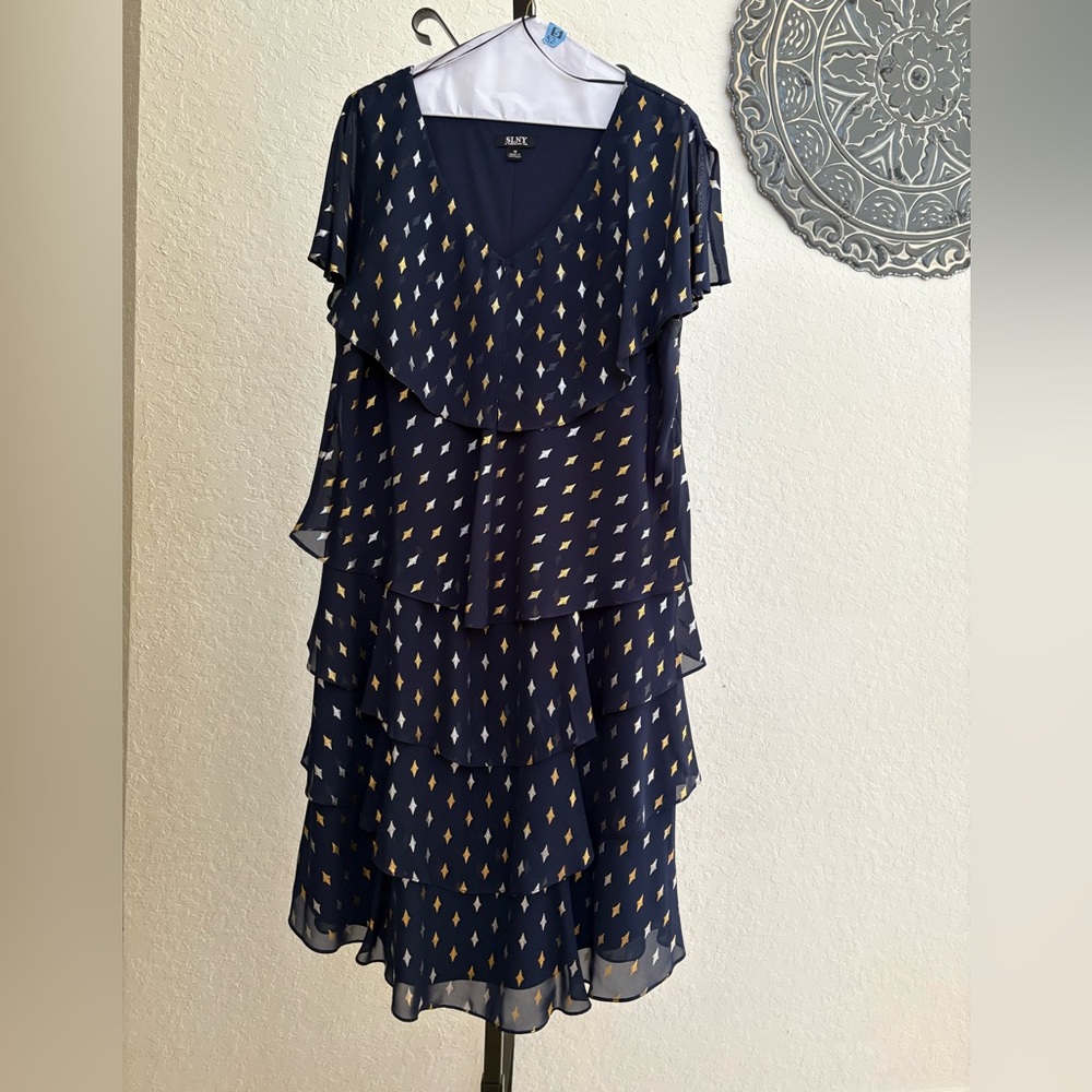 SLNY Navy Tiered Cocktail Dress 18